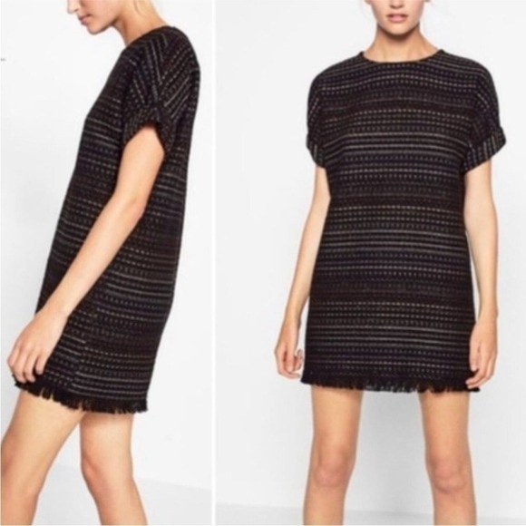 Zara Dresses & Skirts - Zara Women's Fray Hem Straight Cut Mini Dress Size Medium‎ Tweed Back Zipper